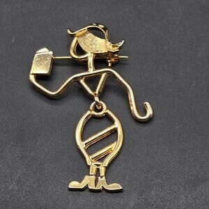 KK/ED Signed Book Lover Brooch Stick Figure Lady Reading Book Gold Tone